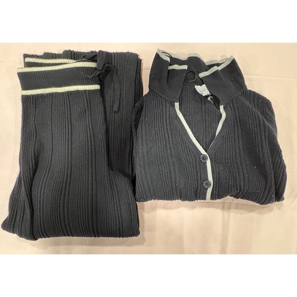 2 Piece Lounge Pink Rose Black & White Ribbed Cardigan Sweater With Pants M - Picture 1 of 16